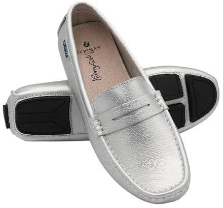 Zerimar Mocassins Femme Classique - Loafers Fille - Mocassins et Loafers Elegant - Loafers Casual Femme Cuir - Mocassin Fille - Loafers Casual - Couleur Argent - Taille 38
