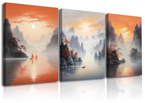 Piy Painting Impression sur Toile Paysage, Montagnes, Soleil, Moderne Decoration Murale, Peinture sur toile 30x40cm 3 Panneaux Image sur Toile, Affiches Art pour Salle de Bain Bureau, Cadre Intérieur