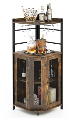 COSTWAY Corner Bar Cabinet, Industrial Wine Storage Sideboard with Glass Holder, Metal Mesh Doors, Adjustable Shelf & Anti-Tipping Devices, Buffet Display Cabinet for Home Kitchen (Rustic Brown)