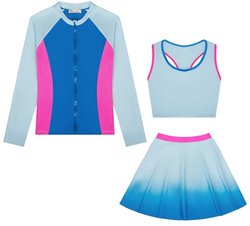 GRACE KARIN Kinder Dreiteilig Tankini Schwimmset Mädchen Badeanzug Set Langarm Rash-Guard-Set Blau 10-12 Jahre
