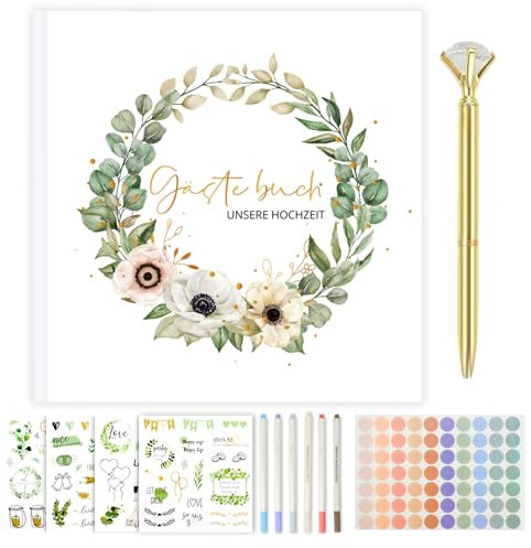 Libri Degli Ospiti Matrimonio 120 Pagine Guest Book Matrimonio con Adesivi, con Pennarello in Metallo, Guestbook Personalizzato per Nozze per Matrimoni, Anniversari (Verde)