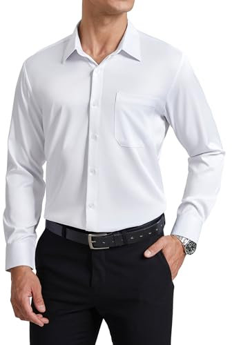 Enlision Mens White Long Sleeve Dress Shirt 4-Way Stretch Non Iron Button Down Shirts Wrinkle Free for Men Business Formal Wedding Regular Fit with Pocket L