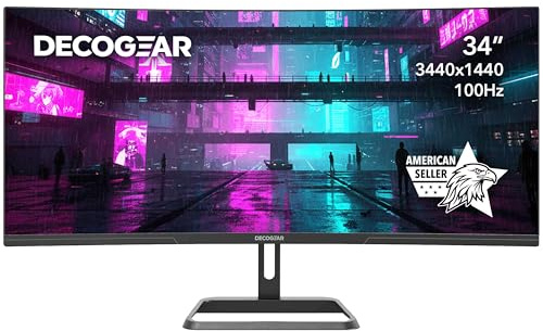 Deco Gear 34-Inch Business Curved Super UltraWide WQHD Monitor 3440 × 1440 R1500 100Hz 1ms 100% sRGB HDR 2× DisplayPort 2× HDMI Tilt Adjustable PIP/PBP Low Blue Light, American Seller