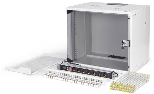 DIGITUS 19-tums nätverkspaket – 9U nätverksskåp – 1U hylla – 24-portars patchpanel – 24 Keystone-moduler – 30 patchkablar – grenuttag – omonterat – SOHO PRO-serien – Grå