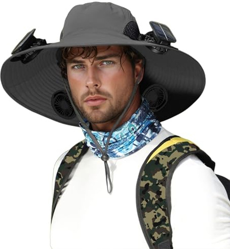 2026 Carga USB Ventilador de Carga Solar Extraíble Sombrero Integrado de Ala Grande Sombrero de Verano para Exteriores Senderismo Hombre (Versión con Tres Ventiladores) (Gris, Talla Única)