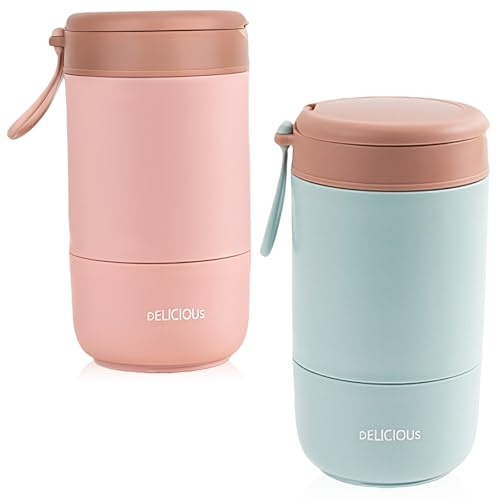 PORFOYO Lot de 2 gobelets à céréales en acier inoxydable, 730 ml. Gobelets à yaourt/porridge étanches, à double paroi, avec couvercle et cuillère, pour le travail, l'école et les pique-niques