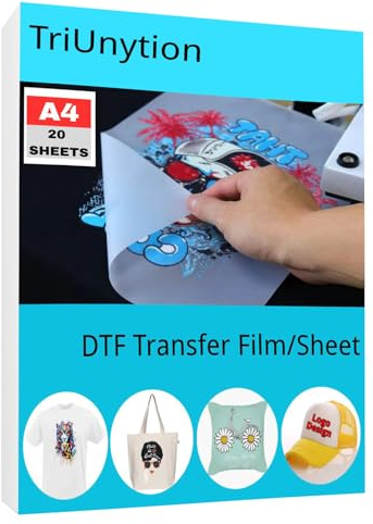 TriUnytion Pellicola di Trasferimento DTF A4 (21 x 29,7 cm), Carta Transfer DTF Trasparente Pet Opaca Bifacciale per Magliette, Tessuti, Vestiti, Cappelli (20 Fogli)