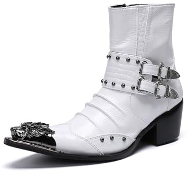 Bottines Chelsea décontractées en cuir pour homme - Bout pointu - Fermeture éclair décorative avec boucles - Pour fête, mariage, discothèque, chanteur, blanc, 44 EU