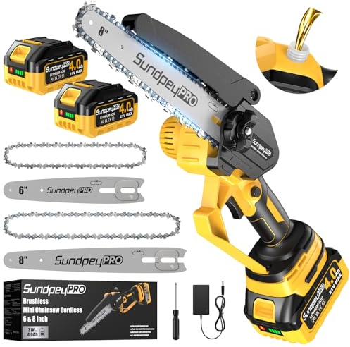SundpeyPRO Mini Motosierra Bateria 8 y 6 Pulgadas - 21V Sierra Electrica Podar Arboles con 2x4000mAh, Sin Escobillas, Lubricador Automático, Ajuste Sin Herramientas, Motosierra Pequeña de Mano, Jardin