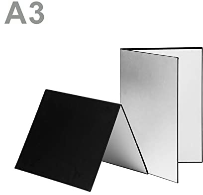 TIKATARER Cartone Fotografico 3 in 1 con Tre Colori, Pannello Diffusore Riflettente Pieghevole da 2,5 Mm per Prodotti Still Life, Servizi Fotografici Alimentari, Formato A4 A3 (SILVER)