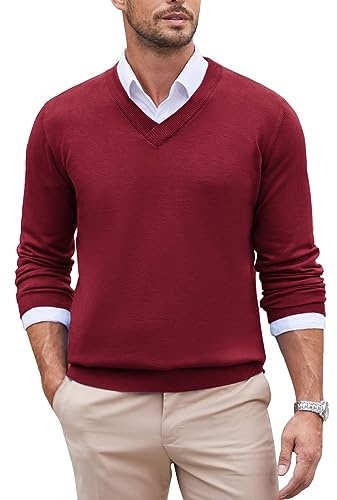 COOFANDY Men's V Neck Jumpers Long Sleeve Knitted Sweater Slim Fit Casual Business Pullover Lightweight Knitwear Basic Solid Color Top Wine Red L