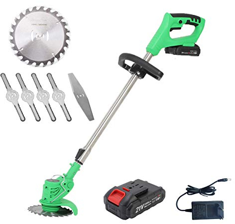 Faucheuses rotatives Coupe-bordures sans fil, Tube telescopique et 2nd poignée réglable, 12/21V Batterie+Chargeur+Lame scie circulaire + lame en métal + lame en plastique, outillage jardin,VOMI,21V