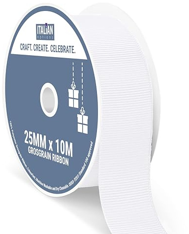 Italian Options Grosgrain Ribbon 25mm, Strong Plain White Ribbon for Bows, Wedding, Crafting, Sewing, Hair Accessories, Gift Wrap, 25 mm x 10 Metre Roll, White