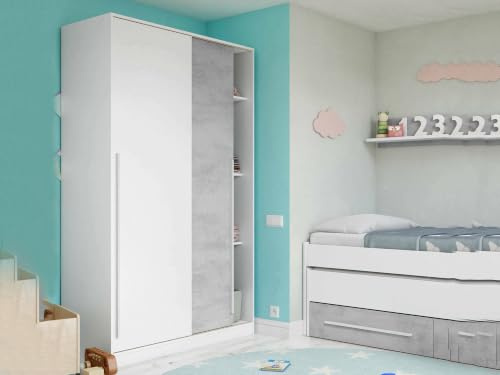Dmora - Guardaroba 2 ante Downey, Armadio per camera da letto, Mobile con barra appendiabiti e 3 ripiani, 120x50h200 cm, Cemento e Bianco