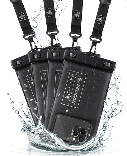 Pelican Marine Lot de 4 Pochettes étanches IP68 (Taille Standard) – Coque Flottante et étanche pour iPhone 15 Pro Max/14 Pro Max/13 Pro Max/12/S24 Ultra – Cordon Amovible – Noir