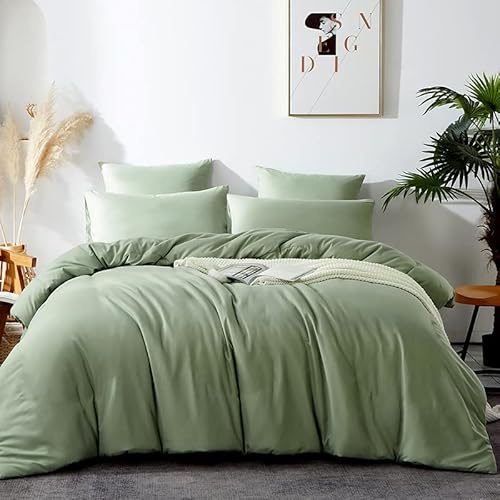 Michorinee Housse de Couette 220x240 Vert Sauge Parure de Lit 2 Personnes en Microfibre avec Fermeture Éclair, Parure Housse Couette Adulte Couleur Unie avec 2 Taie d'oreiller 65x65 cm