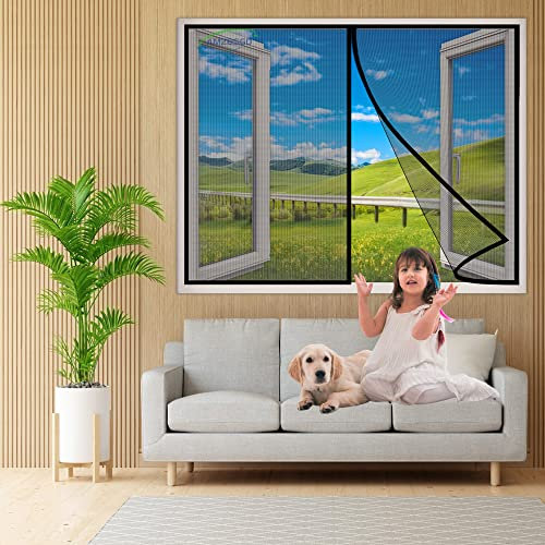 Magnet Fly Screen Window Insect Protection, 120x110 cm Magnetic Curtain Adhesive Installation Without Drilling, Mosquito Net Magnetic Closure, Full Frame- Black H