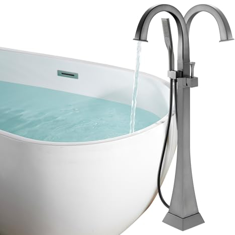 Robinet de Baignoire sur pied avec bec pivotant à 360°, douchette et flexible de douche de 150 cm, Autoportante Mitigeur Robinet Baignoire Ilot pour Salle de Bain Montage au Sol (Gris)