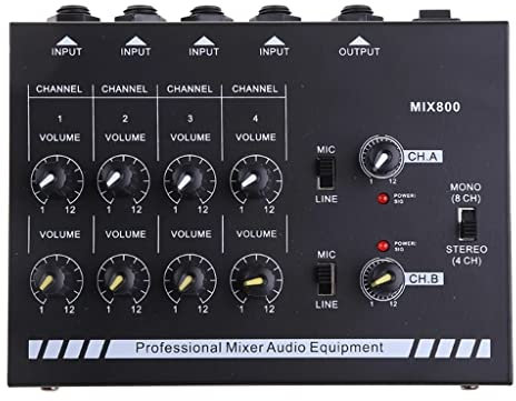 DLOETT MIX800 8-Channels Mini Sound Mixer with Power Adapter Mono/Stereo Mixer Low Noise Sound Amplifier