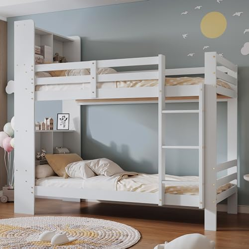 Kinderbett 90x200 mit Regalen und Leiter, Funktionsbett Etagenbett für 2 Kinder, Stockbett Hochbett Jugendhochbett mit Stauraum und Lattenrost,Jugendbett Bettrahmen aus Massivholz,ohne matratze,Weiß