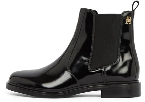 Tommy Hilfiger Donna Stivaletti Chelsea Abrasivato Leather Lucidi, Nero (Black), 40
