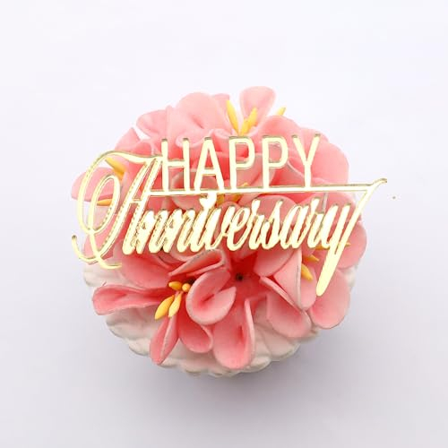 3 Little Desserts 'Happy Anniversary' Cupcake Toppers - Engraved Charms - Pack of 6 - Anniversary & Celebration Toppers - Acrylic - Gold