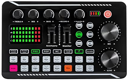 F998 Table de mixage audio professionnelle avec carte son en direct et interface audio avec effets de mixage DJ et changeur de voix avec lampe LED DJ Table de mixage pour streaming en direct, PC,