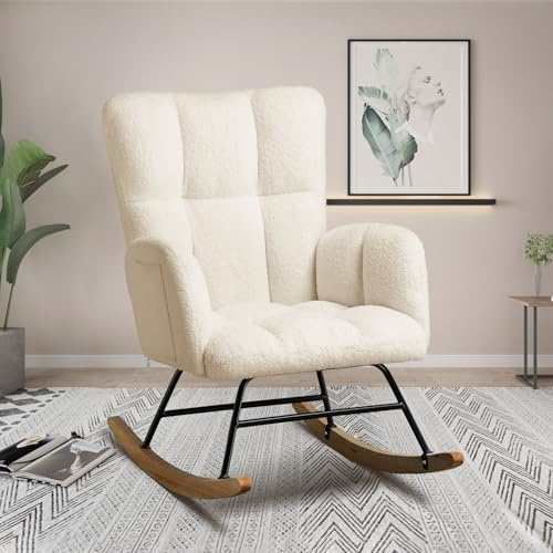 COMHOMA Rocking Chair, Comfy Teddy Fabric Nursing Armchair for Nursery with High Backrest Lounge Chair for Adults Living Room Bedroom