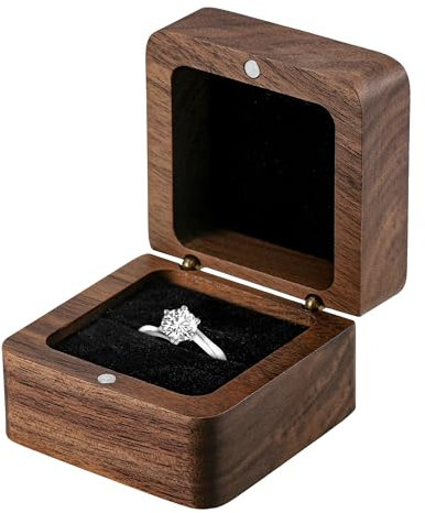Starvortex Solid Walnut Engagement Ring Box, 5.5x5.5x3.5 cm Wedding Wooden Small Ring Box, Elegant and Retro Personalised Ring Case with Single Slot for Wedding Day Ceremony