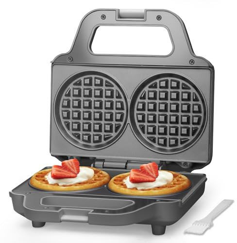 SugarWhisk 4 Inch Double Mini Waffle Maker Machine, Chaffle Maker, Waflera Electrica, Small Waffle Iron for Waffles, Keto Chaffles, Hash Browns, Cookies, Grey