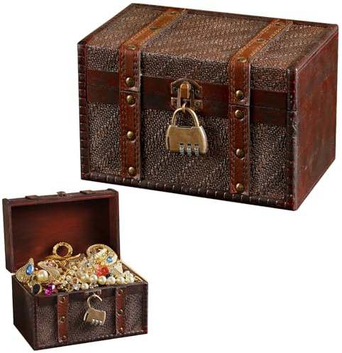 ECBEITF Coffre au Trésor Bois Vintage avec Serrure à Combinaison, Coffre Tresor Pirate, Petit Boîte de Rangement de Bijoux pour Colliers, Boucles D'oreilles, Bagues, Bracelets