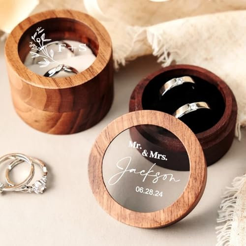 Caja de madera personalizada for anillos de compromiso, joyero redondo de nogal con ranuras dobles, tapa transparente, ideal for propuestas de matrimonio.