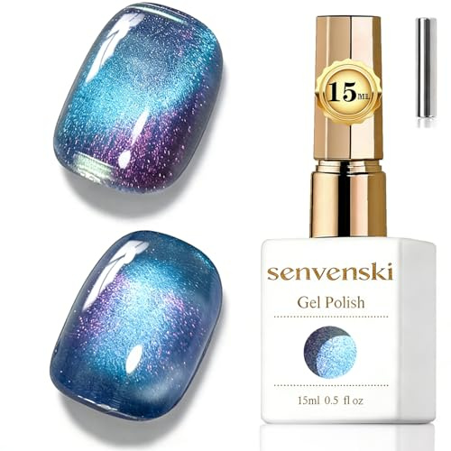 Senvenski Jelly Glass Cat Eye Gel Nail Polish with Magnet 15ML Magnetic 3D Galaxy Holographic Glitter Translucent Sheer Color Gel Polish Salon Home DIY (Aurora Blue, MY1-037)