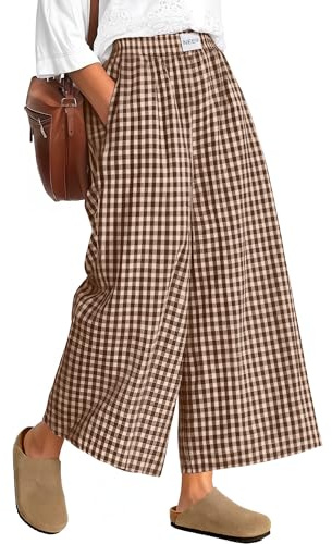 Neer Culottes - Pantalones de Gingham de Pierna Ancha, Cintura elástica, Estilo Casual, con Bolsillos | Pantalones de falda fluidos, culottes a cuadros o rayas, cómoda parte inferior de pijama, cintura elástica