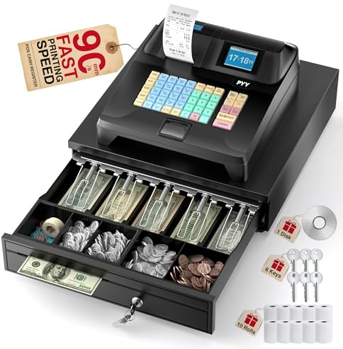 PYY Cash Register for Small Businesses - Commercial Electronic Caja Registradora para Negocio with Black Large Lock Cash Drawer Box, 8 Digital Dual Display Restaurant Supermarket Retail System