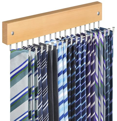 Tie Rack Belt Hanger Wall Mounted, Non Slip 180 Degree Rotating Tie Organizer for Men Closet with 18 Hooks Closet Organizers and Storage for Tie Belt Necklace Purse Scarf Bag Natural 1 Pack