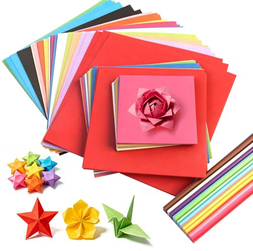 840 Blatt Origami Papier Set, 20x20/15x15/10x10 cm Bunt 70g/m² und 540 Blatt Papierstreifen 24cm 27 Farben, Origami-Papier Bunt Faltpapier Buntpapier Origami Set für DIY Basteln Kinder Erwachsene