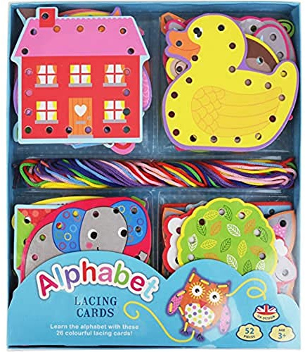 Buddy & Barney Alphabet Lacing Cards - Threading Toys for Children | Set of 26 Lacing Card with 26 Strings, Gifts for Kids, Lacing Picture Cards Learning Activity Set for Kids