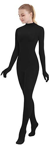 SUPRNOWA Women's Jumpsuit Bodycon Full Body Footed Unitard Long Sleeve Bodysuit with Zipper Comfortable Spandex One-Piece Dance Costume (XL, Black Footed with Hand)