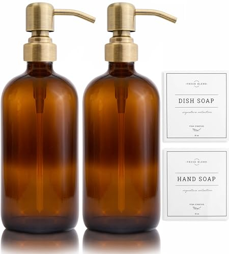 Vine Creations, 2er-Pack Seifenspender-Set für die Küche mit Edelstahlpumpe, Amberglas, 475 ml, Handseifenspender für das Badezimmer, Geschirrseifenspender für die Küche mit Wasserdichten Etiketten