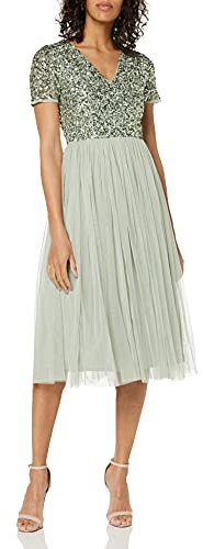 Maya Deluxe Damen Midi-Kleid mit V-Ausschnitt, Verziert Brautjungfernkleid, Grüne Lilie, 48