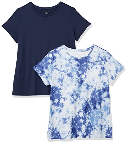 Amazon Essentials Women's Active Quick-Dry Tech-Stretch Short-Sleeve Sports, Gym And Workout Running Tops, Pack of 2, Navy/White Tie Dye, XL