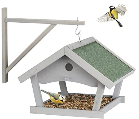 Relaxdays Casetta per Uccellini, Mangiatoia in Legno, Outdoor, Decorazione da Giardino, HLP: 35 x 42,5 x 40,5 cm, Grigia