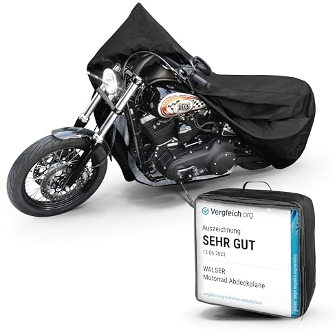 WALSER Premium Motorrad Abdeckplane L, Auszeichnung Sehr Gut* aus hochwertigem PVC, Outdoor Plane schwarz 250x100x130 cm