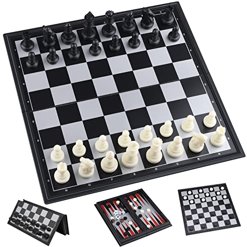 Schachspiel, 3-in-1 Backgammon Faltbares Magnetisches Schachspiel Tragbares Schachbrett, Reiseschachbrett Spielset, Traditionelles Dame Taktisches Strategiespiel für Kinder/Erwachsene(25 * 25cm)