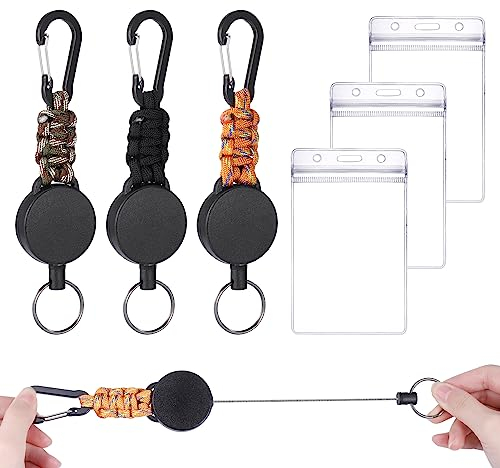 JIANTA 3 Stück Ausziehbare Schlüsselanhänger mit Karabiner, Personalisiert mit 3 Transparenten Ausweishüllen, 60cm Stahldrahtseil für Motorrad, Auto, Männer, Frau, Kinder