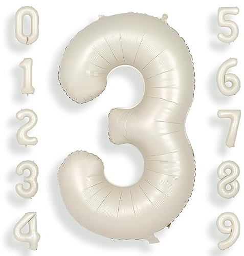 SUWEN 40 Inch Cream White 3 Number Balloon Foil 0-9 Birthday Big Numbers | 3rd Birthday Anniversary Party Decorations Large Helium Number Balloons Jumbo Giant Huge Mylar