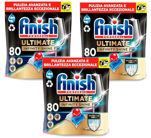 Finish Powerball Ultimate Infinity Shine, Pastillas para Lavavajillas Contra Manchas Resecas y Escudo Protector, Pack de 240 (3 x 80)