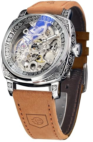 FORSINING Montre Homme Mécanique Automatique Carrée Squelette Dorée, Bracelet en Cuir Vintage Style Rétro, Étanche, Montre Bracelet Classique pour Homme (Silver)