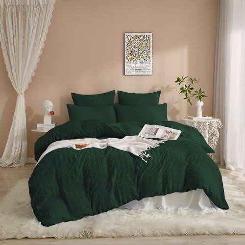 DXHOME Seersucker Ropa de cama de verano de 200 x 200 cm, diseño a rayas, color verde oscuro, reversible, moderna y suave, de microfibra, 3 piezas, funda nórdica con cremallera y 2 fundas de almohada